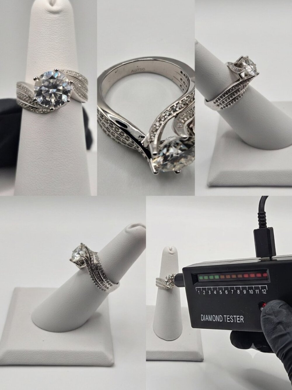 .925 18K White Gold Moissanite Engagement Ring Bypass Pave Band Au750 Size 5
